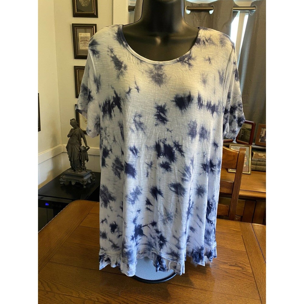 Womens Style & Co Blue Tie Dye Ruffle Edge Shirt Sz Medium Flowy Shabby Chic